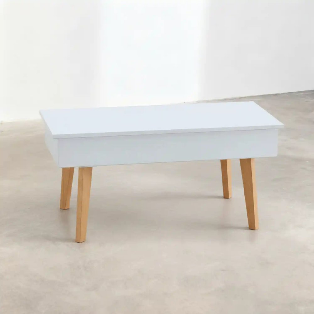 Table basse Kalesi relevable blanche, fonctionnelle avec plateau réglable en hauteur