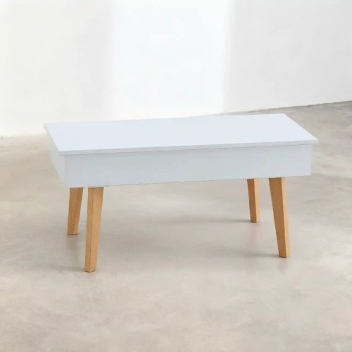 Table basse Kalesi relevable blanche, fonctionnelle avec plateau réglable en hauteur