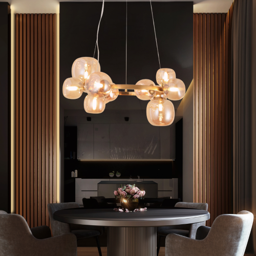 Suspension OKO 11 lumières ambre, ensemble de boules en verre ambre