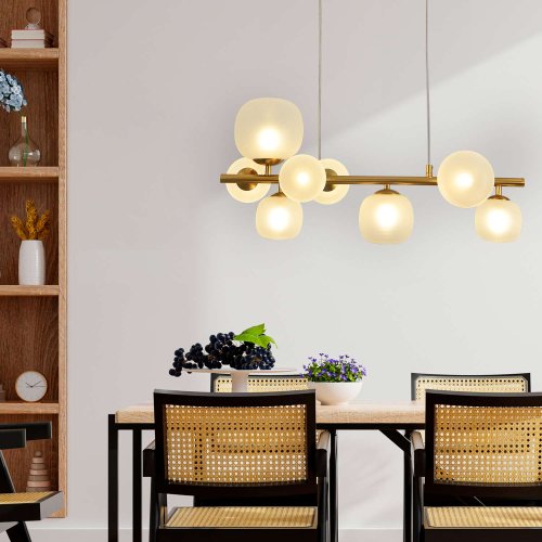 Suspension OKO 8 lumières blanc opal et doré, ensemble verre doré