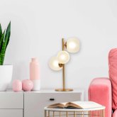 Lampe de table OKO 3 lumières blanc opal et doré, lampe de chevet