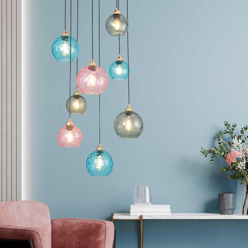 Suspension Lyria 8 lumières bleu, fumé et rose, verres multicolores