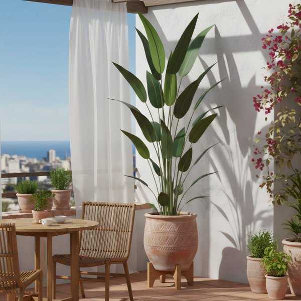 Oiseau du Paradis artificiel 210 cm, grandes feuilles tropicales vertes hyperréalistes pour grands espaces, pot noir inclus