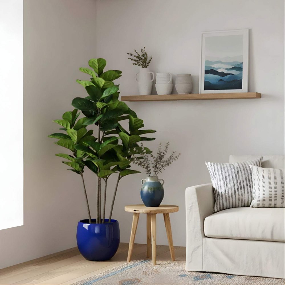 Ficus Lyrata artificiel 150 cm, grandes feuilles vertes hyperréalistes, idéal intérieurs modernes, pot noir inclus