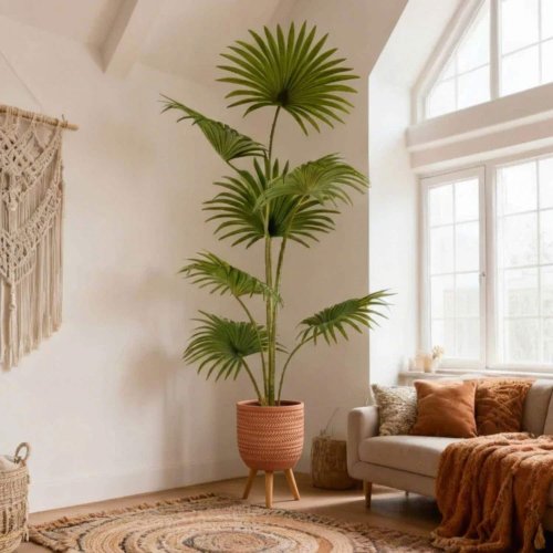 Palmier artificiel 200 cm, feuilles tropicales vertes hyperréalistes, idéal grands espaces et ambiances tropicales, pot noir