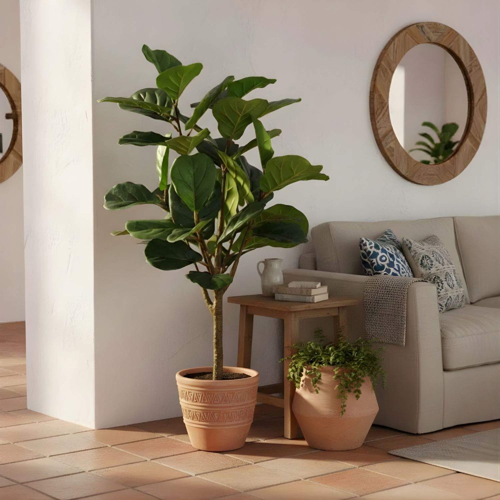 Ficus Lyrata artificiel 130 cm, grandes feuilles vertes hyperréalistes, idéal intérieurs avec peu de lumière, pot noir inclus