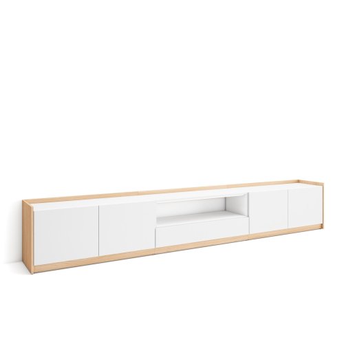 Meuble TV avec rangement 310x50x37 cm pour TV 80", portes relevables blanc et chêne soft, salon moderne et lumineux