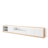 Meuble TV rangement BJORK 310x50x37 cm pour TV 80", portes relevables blanc et chêne soft, salon lumineux moderne