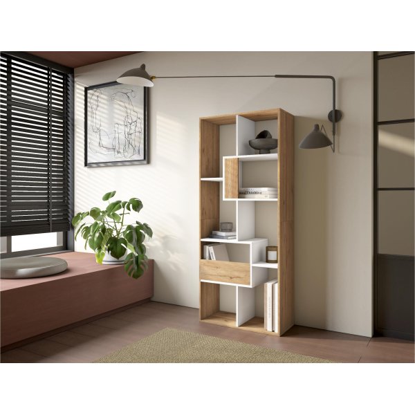 Bibliothèque étagère murale 162x67x31 cm avec rangement chêne et blanc, design nordique bicolore pour salon lumineux 2