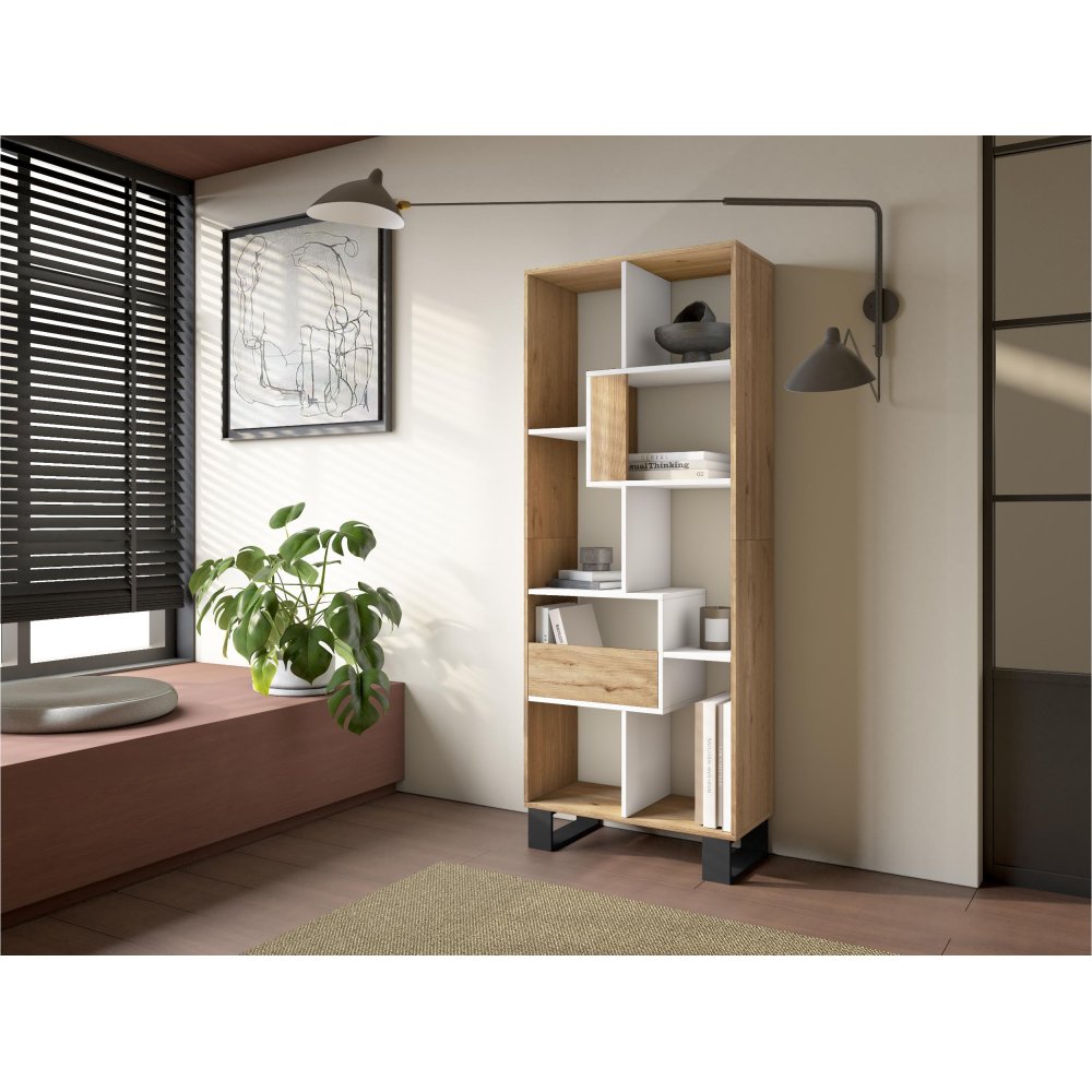 Bibliothèque Industrielle 174 cm Chêne Blanc Mat | Pieds Métal