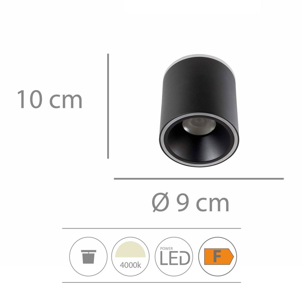 Foco Led de Superficie Cilíndrico Ø9Cm color Negro Trent - Faretto LED da superficie - UKUKHOME.com