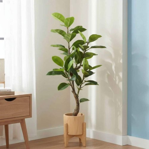 Ficus Lyrata artificiale 140 cm, grandi foglie verdi iperrealiste, ideale salotti con poca luce, vaso nero incluso