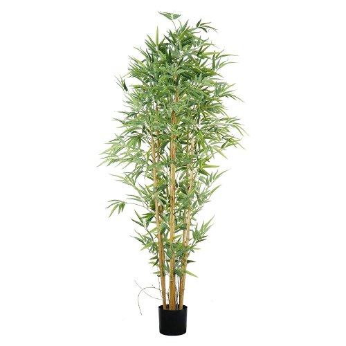 Bambù artificiale 180 cm, steli e foglie verdi iperrealiste, ideale decorazione zen degli interni, vaso nero incluso