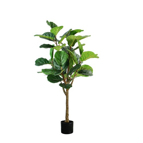 Ficus Lyrata artificiale 130 cm, grandi foglie verdi iperrealiste, ideale interni con poca luce, vaso nero incluso