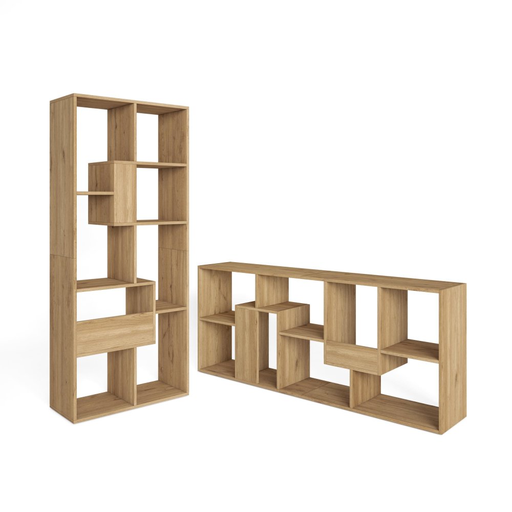 Libreria scaffale parete 162x67x31 cm con contenitore rovere naturale, stile nordico caldo per soggiorno e studio