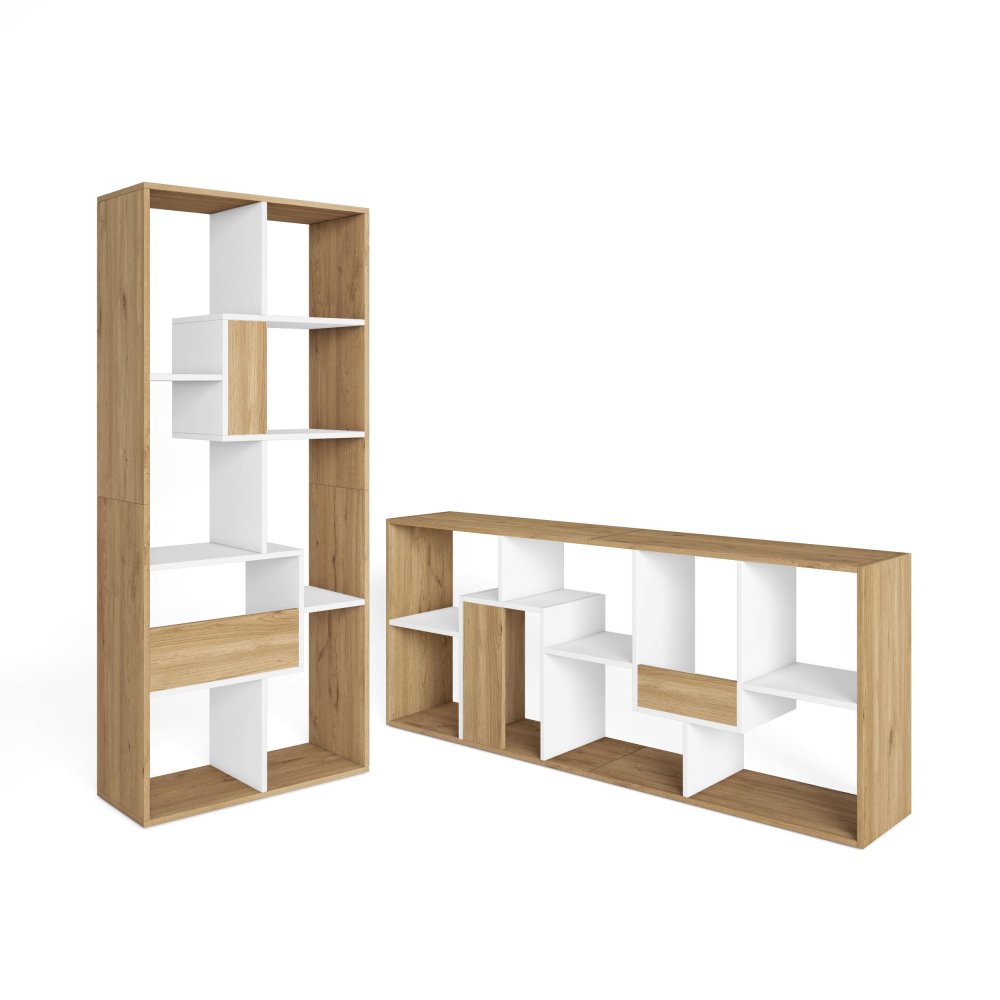 Libreria scaffale parete 162x67x31 cm con contenitore rovere e bianco, design nordico bicolore per soggiorno luminoso