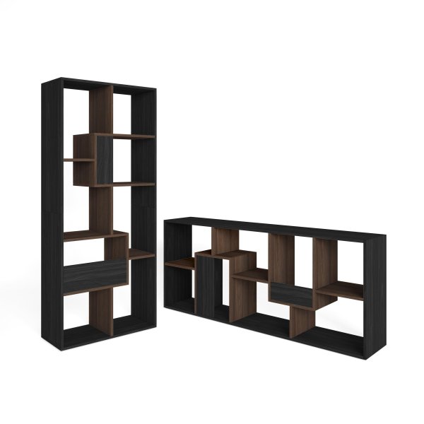 Libreria scaffale parete 162x67x31 cm con contenitore nero e rovere scuro, stile industriale bicolore per soggiorno mode
