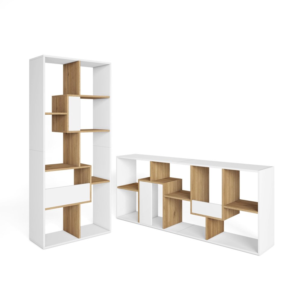 Libreria scaffale parete 162x67x31 cm con contenitore bianco e rovere naturale, design nordico bicolore per soggiorno lu