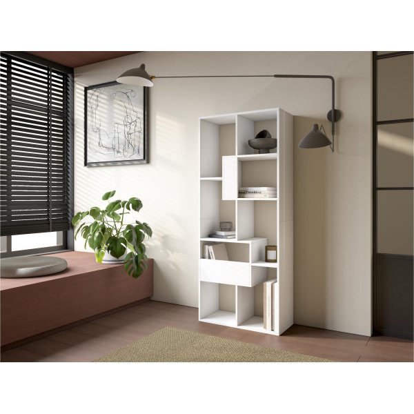 Libreria scaffale parete 162x67x31 cm con contenitore colore bianco, design nordico minimalista per soggiorno e studio l 2