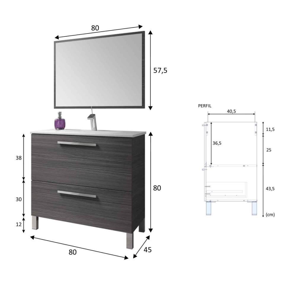 MÓVEL DE CASA DE BANHO COM ESPELHO URBAN CINZENTO DE 80 CM - Moveis de lavatorio 