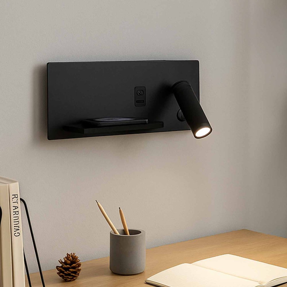 Aplique LED Negro con Carga Inalámbrica y Usb 30Cm Somni - Aplique LED - UKUKHOME.com