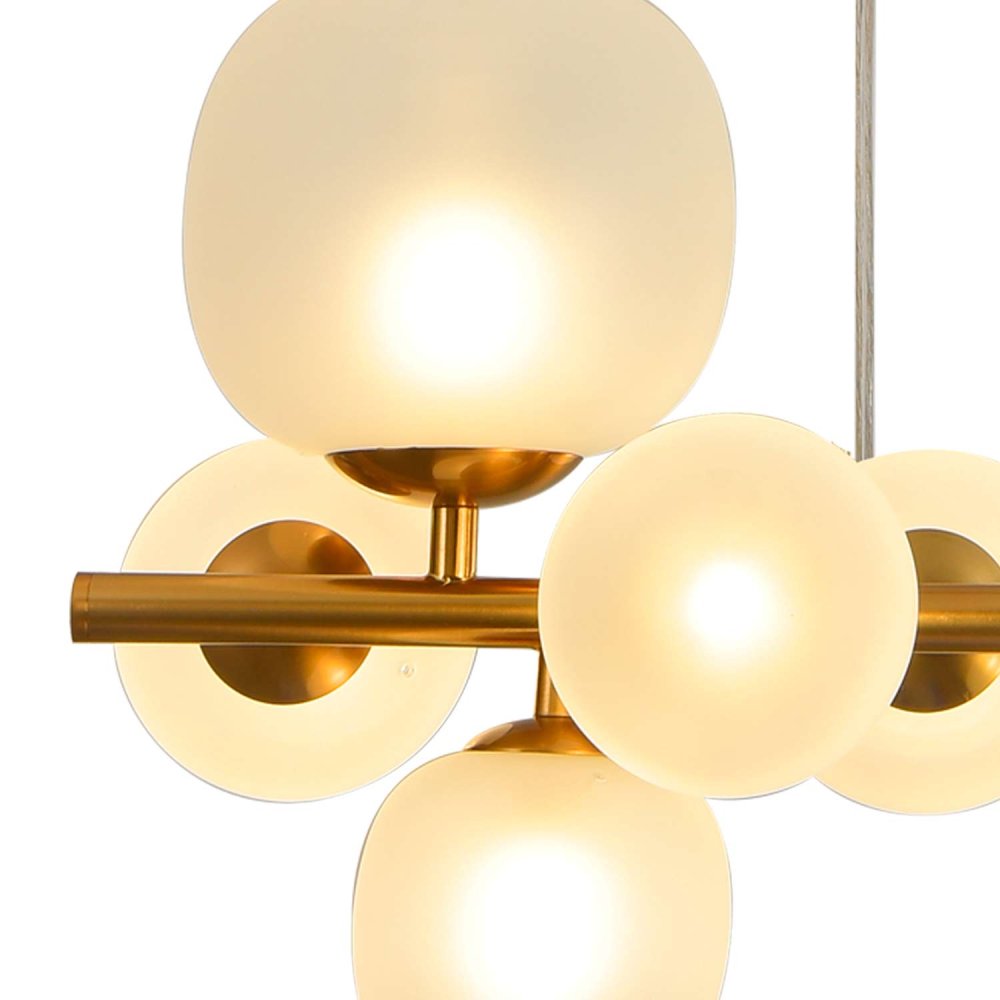 CANDEEIRO SUSPENSO 8 LUZES OKO BRANCA OPAL E DOURADA | Ukukhome