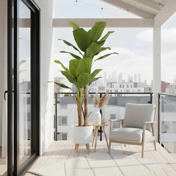 Bananeira artificial 200 cm, grandes folhas tropicais verdes hiperrealistas, ideal grandes espaços exóticos, vaso preto