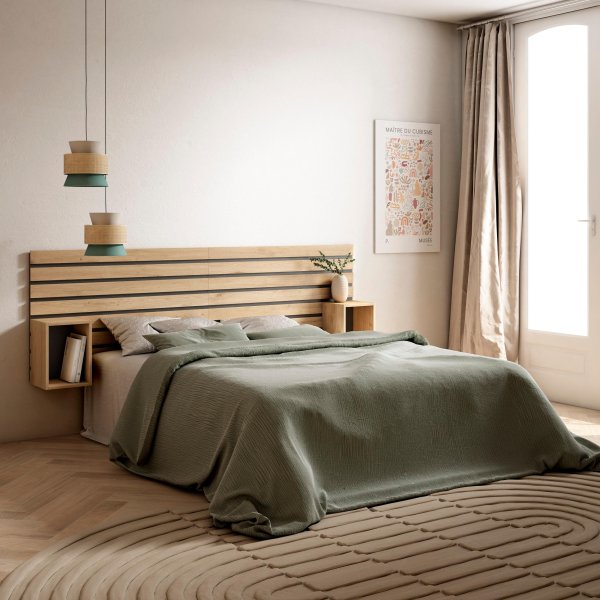 Cabeceira com mesas de cabeceira 214x70x3 cm para cama 135-160 cm com armazenamento carvalho, quarto nórdico quente e fu 2