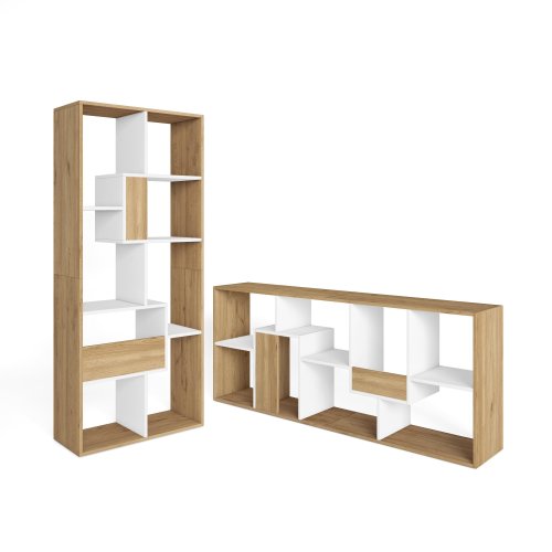 Estante livraria parede 162x67x31 cm com armazenamento carvalho e branco, design nórdico bicolor para salão luminoso