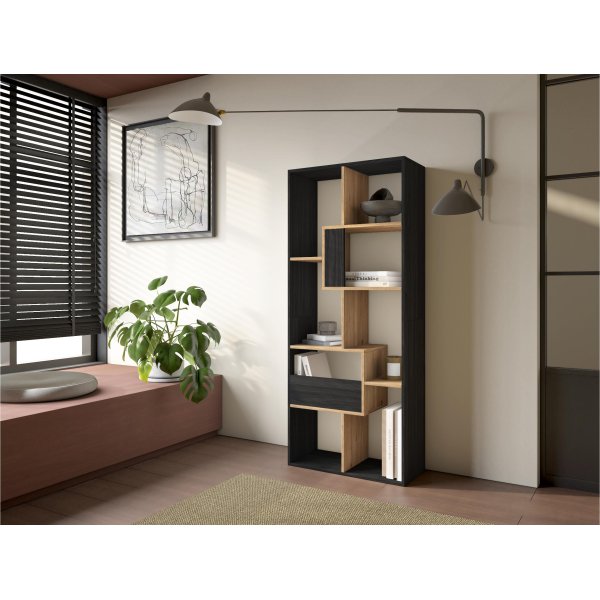 Estante livraria parede 162x67x31 cm com armazenamento preto e carvalho natural, estilo industrial bicolor para salão mo 2