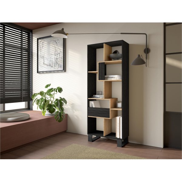 Estante livraria parede 174x67x31 cm design industrial preto e carvalho natural, estante bicolor para salão e estudo 2